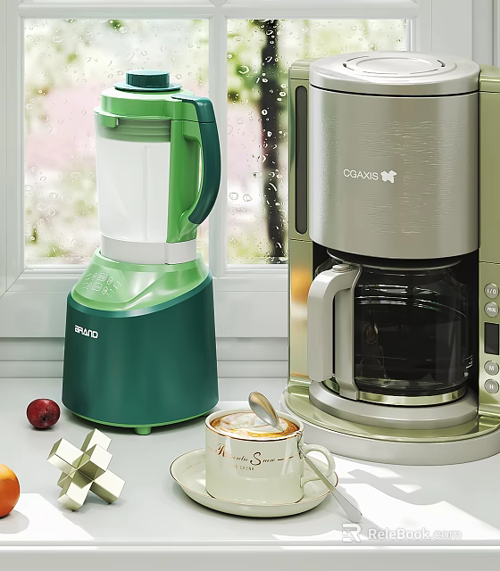 Green Blender And Silver Coffee Maker On Kitchen Countertop By Window 3d model 