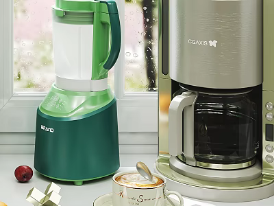Green Blender And Silver Coffee Maker On Kitchen Countertop By Window 3d model