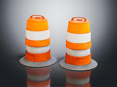 Two Stacked Reflective Orange And White Traffic Cones With Grey Bases On Black Background 3d model