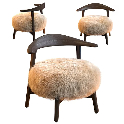 Plush Fur Accent Chair With Curved Wooden Armrest And Dark Sturdy Frame Design 3d model