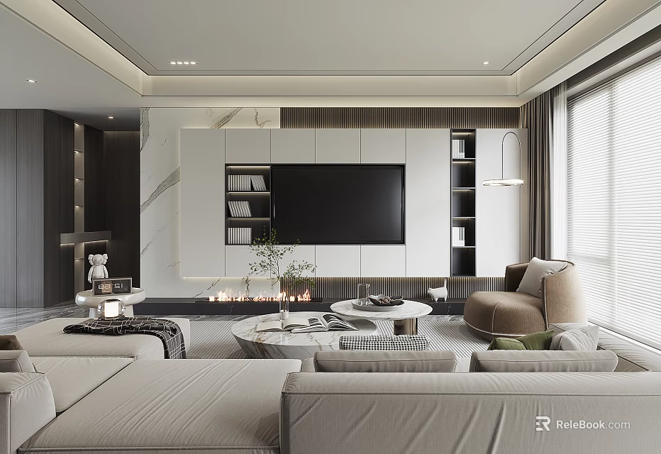 Modern Living Room Interior With TV Wall Sofa Coffee Table And Decorative Lighting 3d model