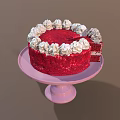 Red Velvet Cake With White Cream Topping On Pink Cake Stand And Sliced Piece