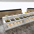 Modern Buffet Dining Table With Marble Countertop Wooden Accents Stacked Plates And Round Mirrors
