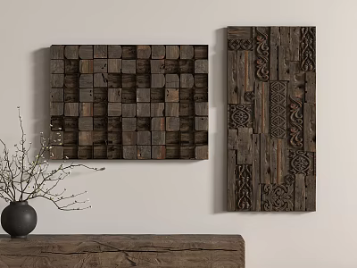 Rustic Wooden Wall Decor For Home Interior With Geometric Block And Carved Patterns 3d model