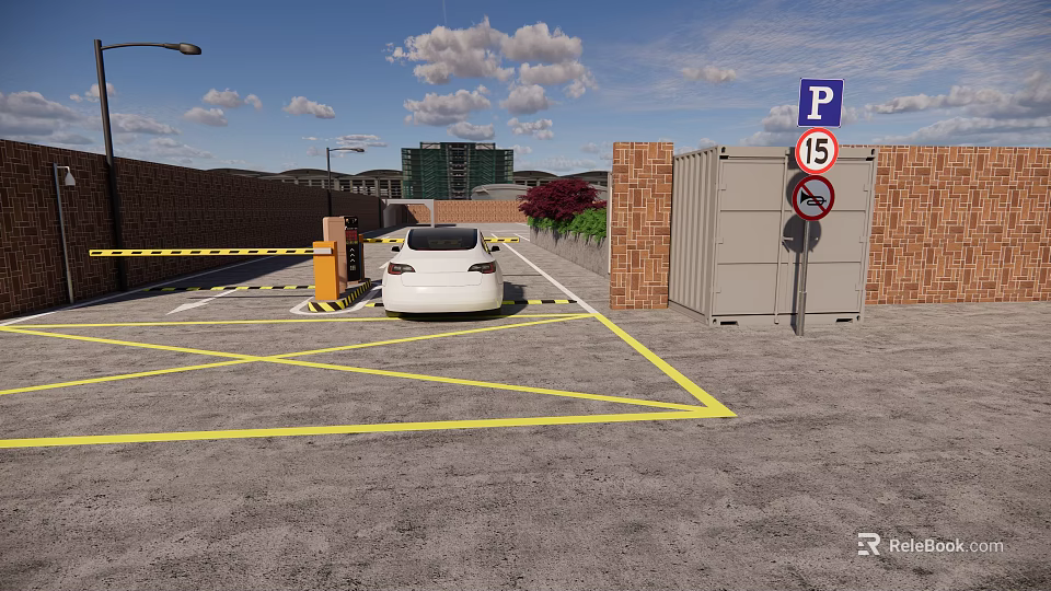 Parking Lot With White Car Yellow Lines Parking Sign And Brick Walls 3d model 