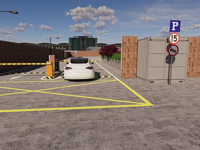 Parking Lot With White Car Yellow Lines Parking Sign And Brick Walls 3d model