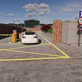 Parking Lot With White Car Yellow Lines Parking Sign And Brick Walls