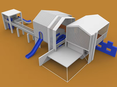 Modern Playground Equipment Featuring White Cottage Shapes Blue Slides And Play Platforms 3d model