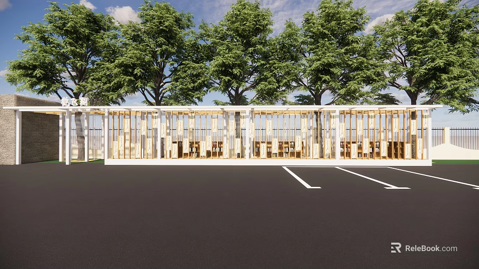 Modern Wooden Building With Green Trees And Open Design Outdoor Parking Spaces 3d model 