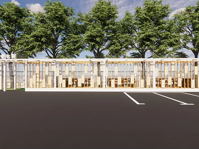 Modern Wooden Building With Green Trees And Open Design Outdoor Parking Spaces 3d model