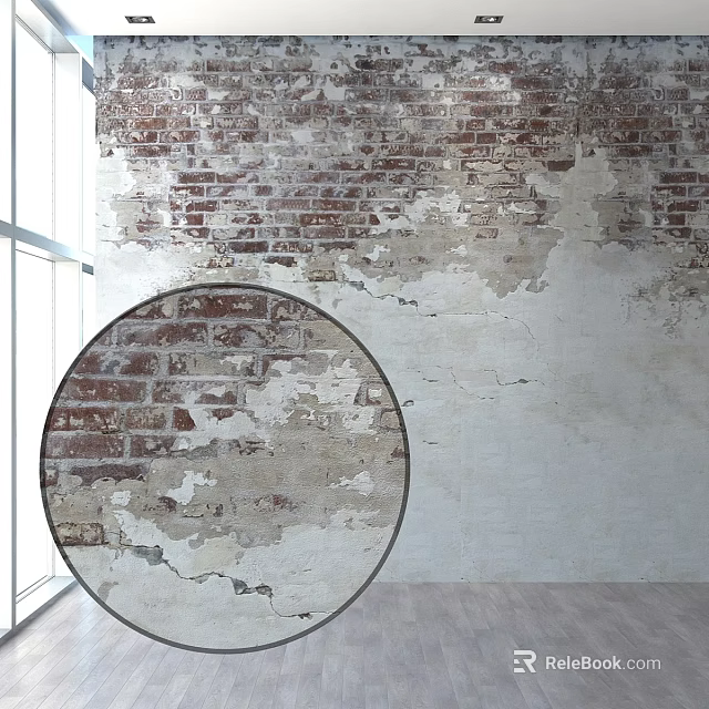 Weathered Brick Wall With Peeling Paint Near Window And Wooden Floor 3d model 