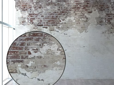 Weathered Brick Wall With Peeling Paint Near Window And Wooden Floor 3d model