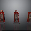 Three Vintage Red Gas Pumps With Classic Retro Design On