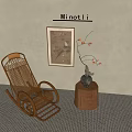 Minotti Wicker Rocking Chair With Wooden Stool Vase And Wall Art