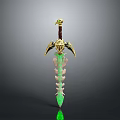 Ornate Sword With Golden Decorations Red Hilt Green Glowing Blade And Skeletal Design