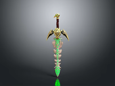 Ornate Sword With Golden Decorations Red Hilt Green Glowing Blade And Skeletal Design 3d model