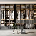 Modern Walk-in Closet With Glass Doors Hanging Clothes Storage And LED Lighting