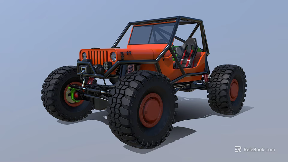 Orange Off Road Utility Vehicle With Large Tires Open Frame And Roll Cage 3d model 