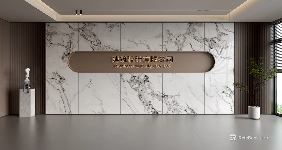 Elegant Modern Marble Background Wall With Natural Veins And Oval Decorative Panel In Office Lobby 3d model 