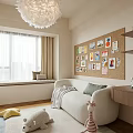 Kids Room Interior Design With Soft Sofa Fluffy Pendant Light Corkboard And Green Chair