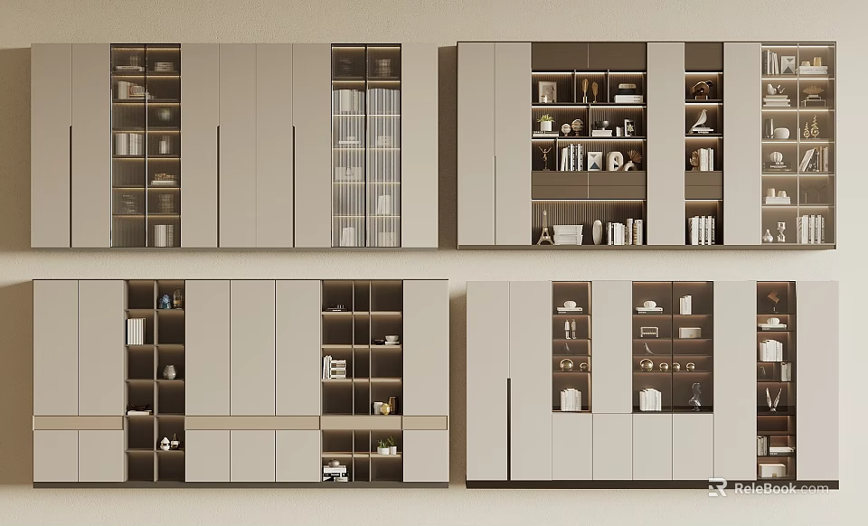 Modern Bookcase Interior Design With Glass Doors Multiple Shelves And Storage 3d model 