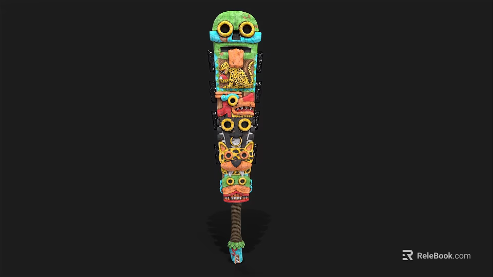 Colorful Tribal Decorative Weapon with Stacked Carved Masks and Long Wooden Shaft Design 3d model 