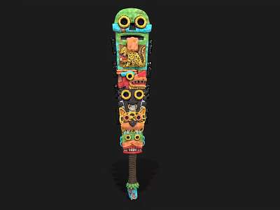 Colorful Tribal Decorative Weapon with Stacked Carved Masks and Long Wooden Shaft Design 3d model