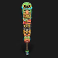 Colorful Tribal Decorative Weapon with Stacked Carved Masks and Long Wooden Shaft Design