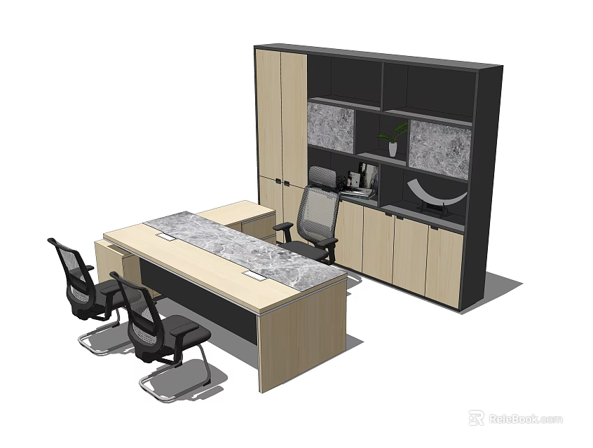 Modern Office Desk With Wooden Tabletop Gray Panel Black Ergonomic Chairs And Cabinet 3d model 