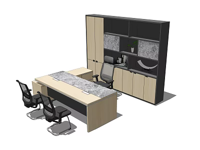 Modern Office Desk With Wooden Tabletop Gray Panel Black Ergonomic Chairs And Cabinet 3d model