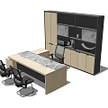 Modern Office Desk With Wooden Tabletop Gray Panel Black Ergonomic Chairs And Cabinet