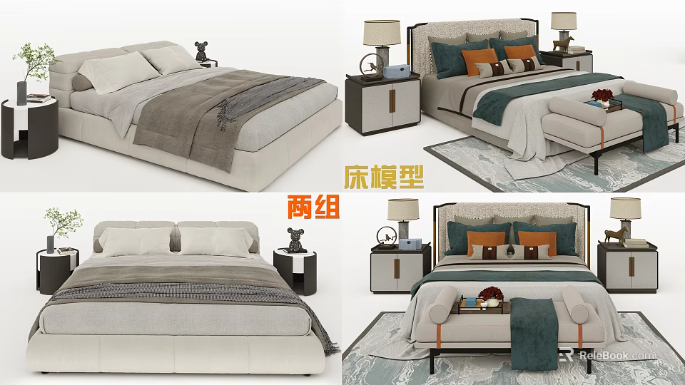 Modern Double Bed Models With Nightstands Table Lamps And Bedding Sets 3d model