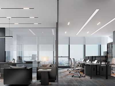 Modern Office Interior With Glass Partitions Workstations Sofa Large Windows And City View 3d model