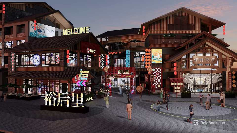 Traditional Chinese Garden Landscape With Commercial Street Lanterns And Pedestrians 3d model 