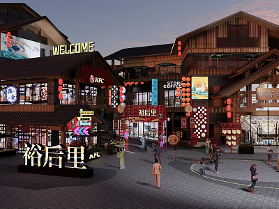 Traditional Chinese Garden Landscape With Commercial Street Lanterns And Pedestrians 3d model
