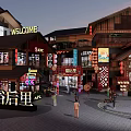 Traditional Chinese Garden Landscape With Commercial Street Lanterns And Pedestrians