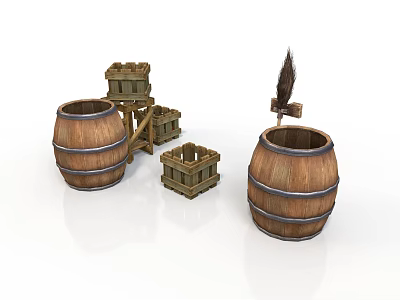 Rustic Wooden Storage Collection Featuring Barrels Crates Ladder And Metal Accents 3d model