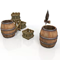 Rustic Wooden Storage Collection Featuring Barrels Crates Ladder And Metal Accents