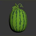 Ripe Green Striped Watermelon With Fresh Vine And Leaves On Top