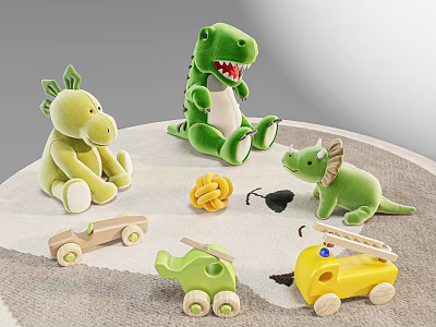 Green Dinosaur Stuffed Plush Toys With Wooden Toy Vehicles And Yellow Helicopter On Carpet 3d model
