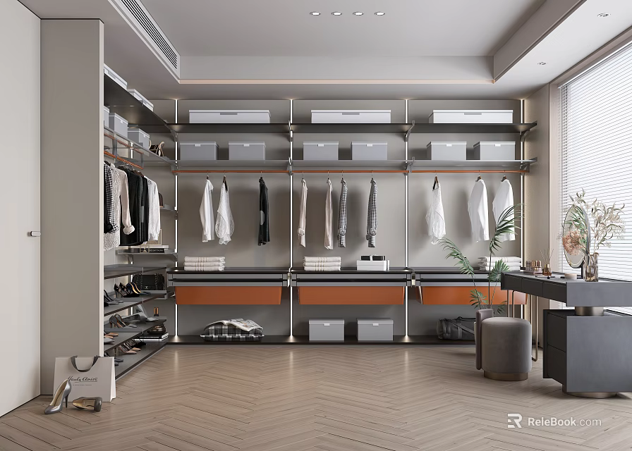 Elegant Modern Walk-in Closet Interior With Hanging Garments Shoe Storage Ceiling Lighting And Wooden Floor 3d model 