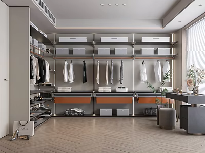 Elegant Modern Walk-in Closet Interior With Hanging Garments Shoe Storage Ceiling Lighting And Wooden Floor 3d model