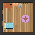 Cartoon Bedroom Scene With Blue Bed Desk Lamp Red Wall Pictures Wooden Floor Purple Rug