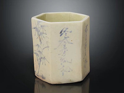 Cream Colored Hexagonal Ceramic Brush Pot With Blue Bamboo Patterns And Characters 3d model