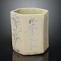 Cream Colored Hexagonal Ceramic Brush Pot With Blue Bamboo Patterns And Characters 3d model
