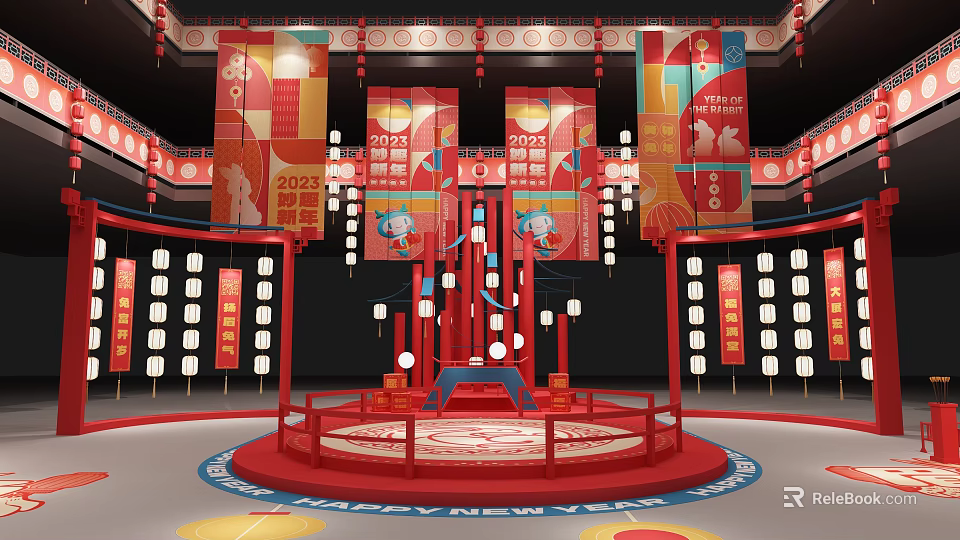 Traditional Chinese New Year Stage Decoration with Red Lanterns Fu Characters and 2023 Elements 3d model 