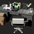 Functional Office Desk With Computer Monitor Lamp Keyboard Papers Cup And Chair