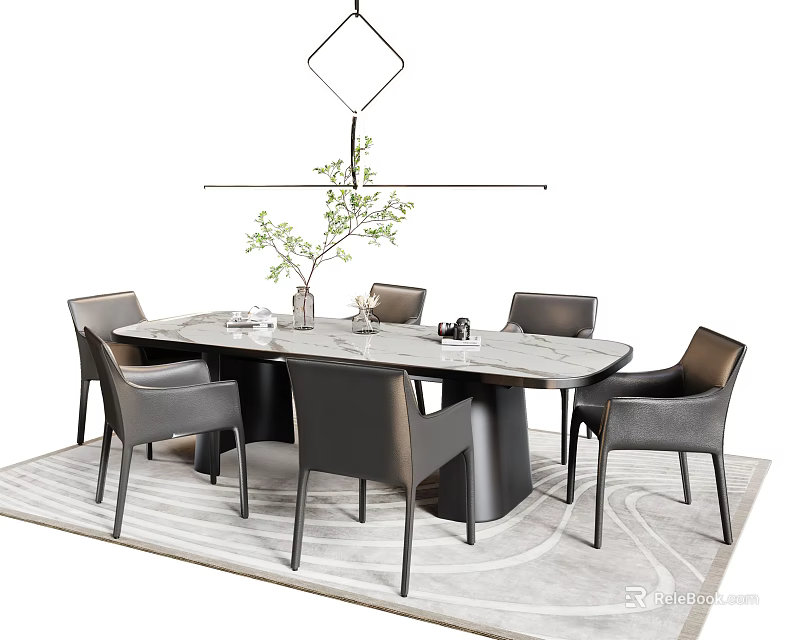 Modern Dining Table Set With Rectangular Marble Top Six Gray Chairs Hanging Light And Rug 3d model