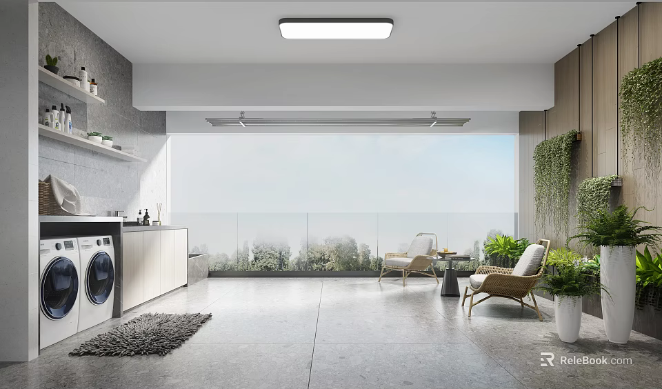 Modern Home Balcony Relaxation Space With Outdoor Chairs Green Plants And Natural Lighting 3d model 