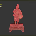 Ancient Soldier Statue With Red Helmet Armor And Circular Shield On Red Base Golden Decoration
